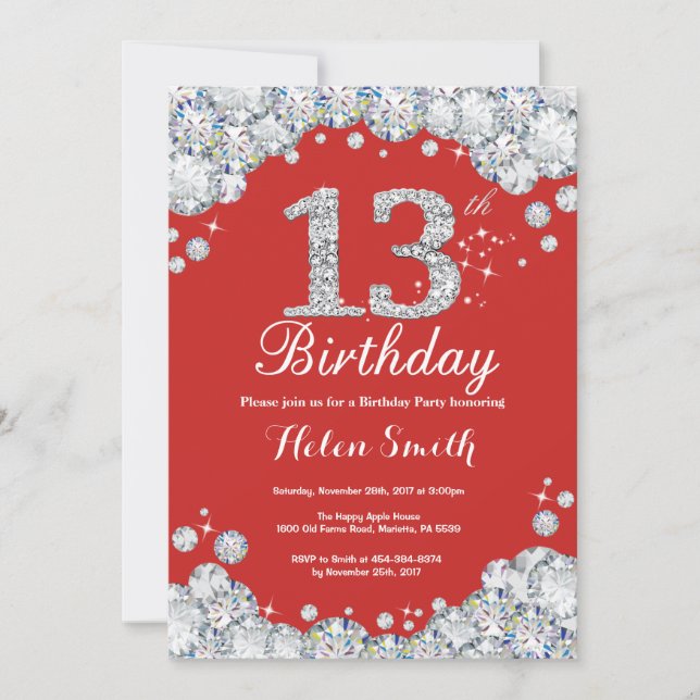 13th Birthday Invitation Red and Silver Diamond (Front)