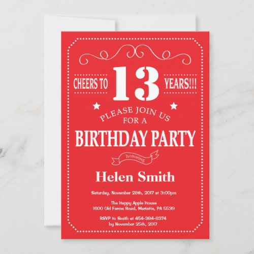 13th Birthday Invitation Red and White