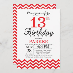 13th Birthday Invitation Red Chevron