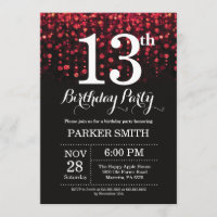 13th Birthday Invitation Red Glitter