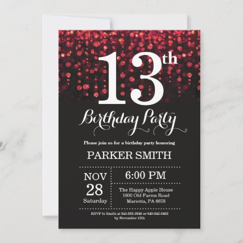 13th Birthday Invitation Red Glitter