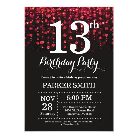 13th Birthday Invitation Red Glitter | Zazzle.com