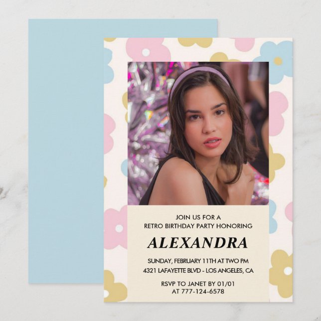 13th birthday invitation Retro Groovy Flowers Cute (Front/Back)