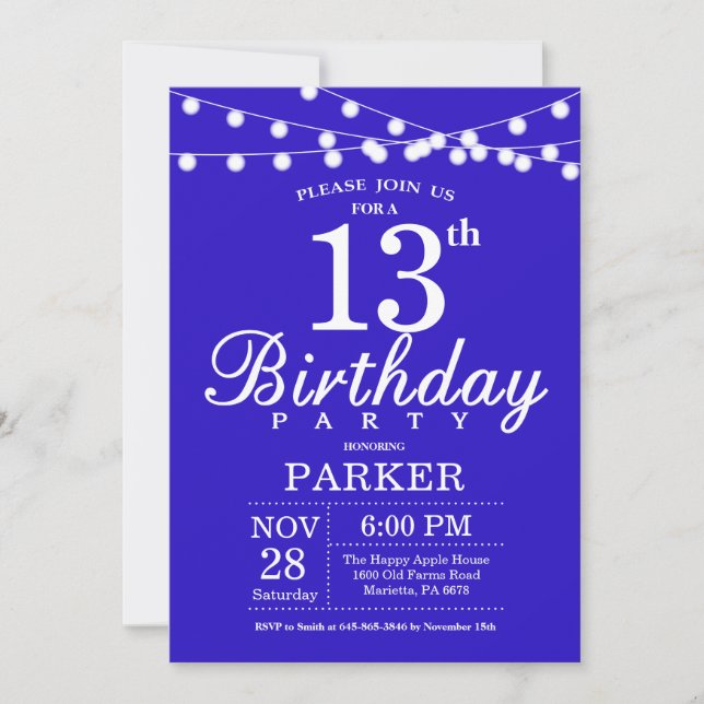 13th Birthday Invitation Royal Blue (Front)