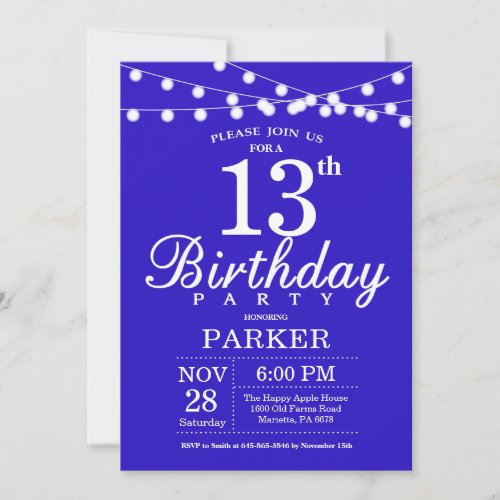 13th Birthday Invitation Royal Blue