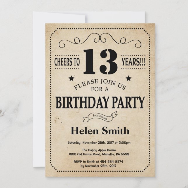 13th Birthday Invitation Rustic Vintage Retro (Front)