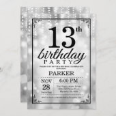 13th Birthday Invitation Silver Glitter (Front/Back)