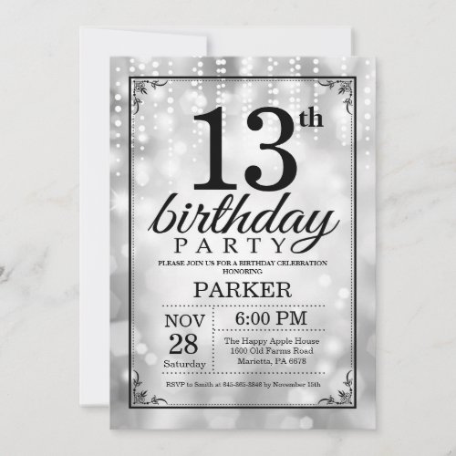 13th Birthday Invitation Silver Glitter