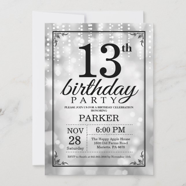 13th Birthday Invitation Silver Glitter (Front)