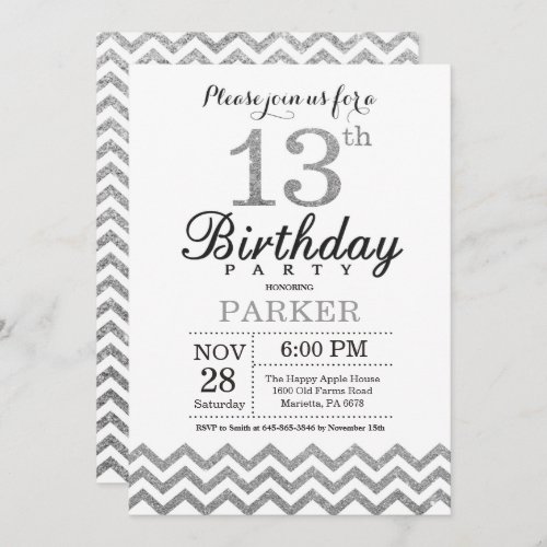 13th Birthday Invitation Silver Glitter