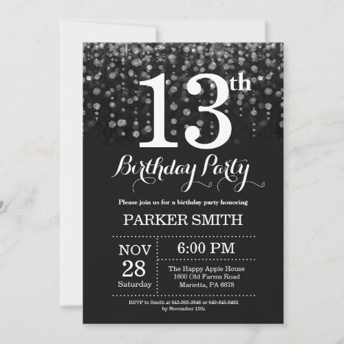 13th Birthday Invitation Silver Glitter