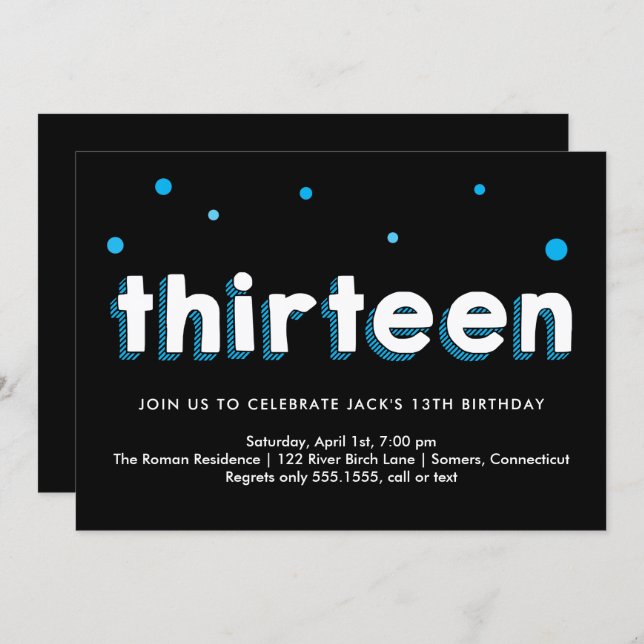 13th Birthday Invitation, Sketched Letters, Blue Invitation (Front/Back)