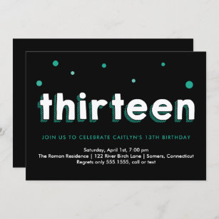13th Birthday Invitation, Sketched Letters, Teal Invitation