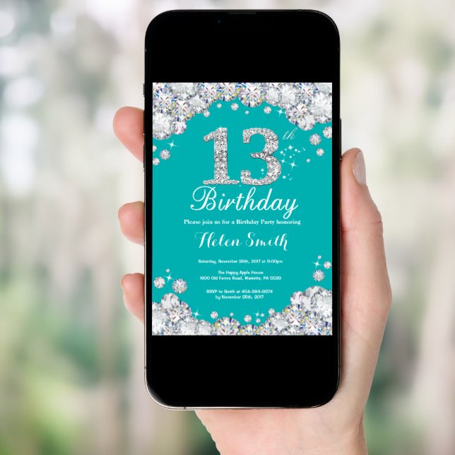 13th Birthday Invitation Teal and Silver Diamond (Front Digital)