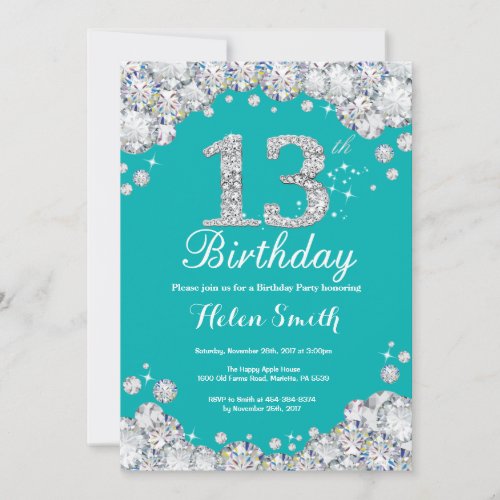 13th Birthday Invitation Teal and Silver Diamond