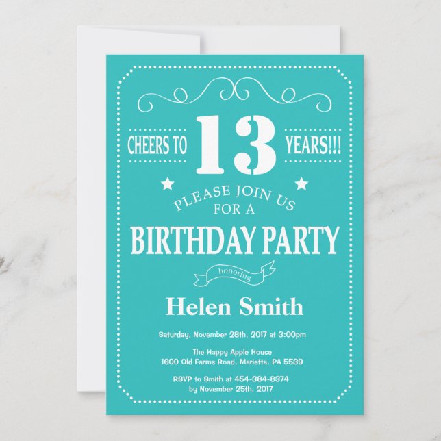 13th Birthday Invitation Teal and White (Front)
