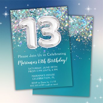 13th Birthday Invitation Teal Silver Glitter by WittyPrintables at Zazzle