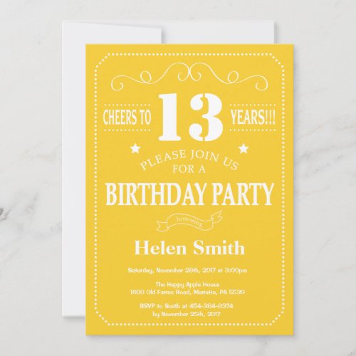 13th Birthday Invitation Yellow and White