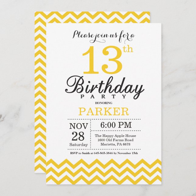 13th Birthday Invitation Yellow Chevron (Front/Back)