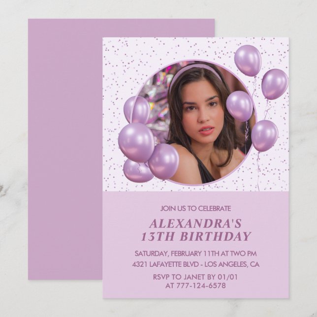 13th birthday invitations Balloons Photo Purple (Front/Back)