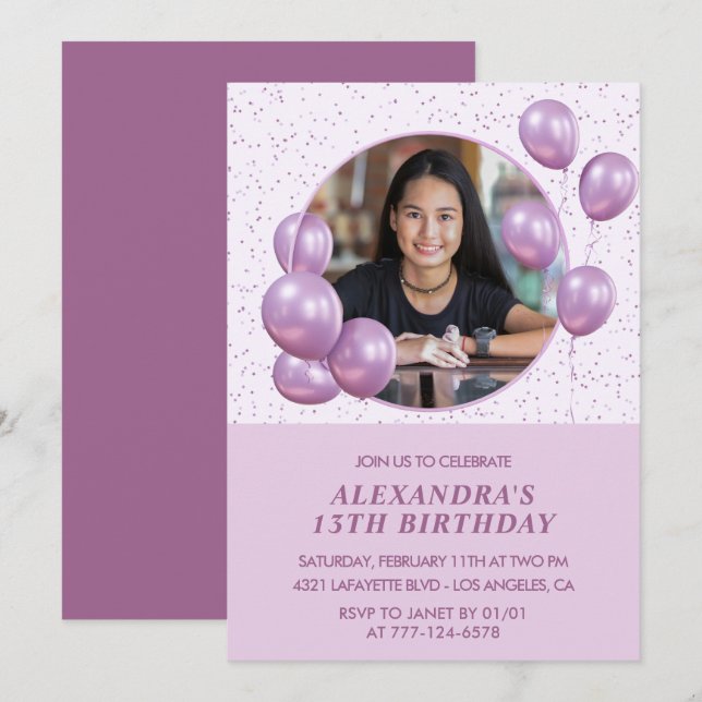 13th birthday invitations Balloons Photo Purple (Front/Back)