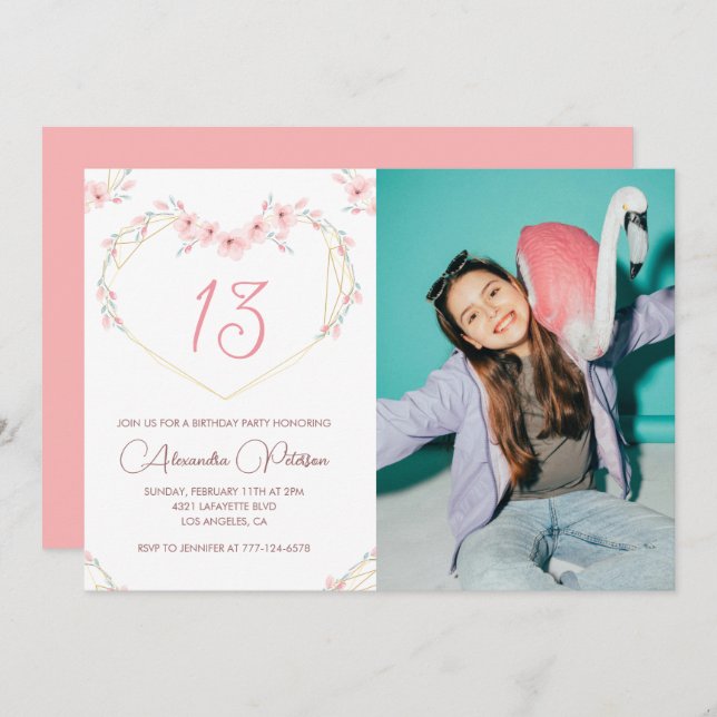 13th birthday invitations Boho Floral Photo (Front/Back)
