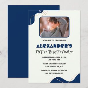 13th birthday invitations Boy Navy Simple Photo