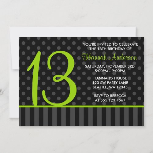 13th Birthday Lime Green Black Polka Dot Stripes Announcements