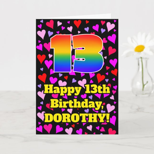 13th Birthday: Loving Hearts Pattern, Rainbow # 13 Card (Small Plant)