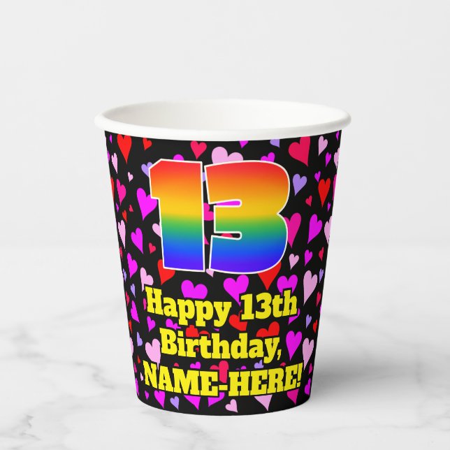 13th Birthday: Loving Hearts Pattern, Rainbow 13 Paper Cups (Front)