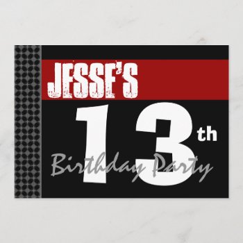 13th Birthday Modern For Him Red White Black G200 Invitation by JaclinArt at Zazzle