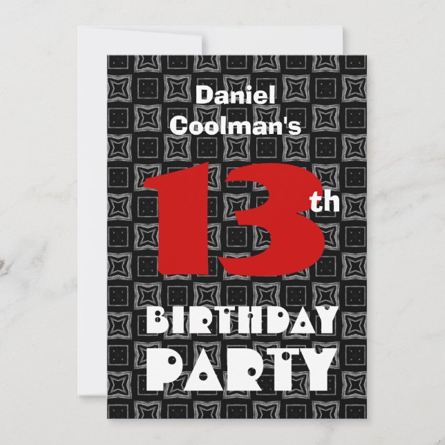 13th Birthday Modern Teen Black White Pattern V06 Invitation (Front)
