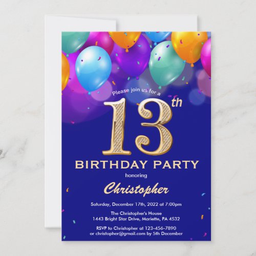 13th Birthday Navy Blue and Gold Colorful Balloons Invitation