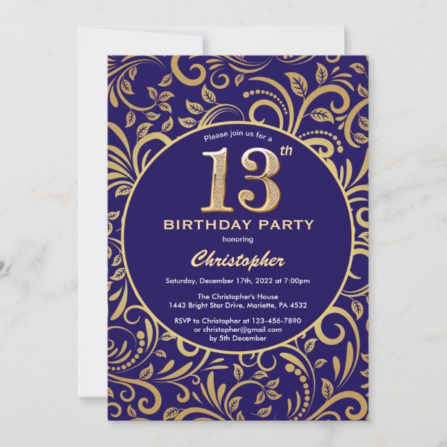 13th Birthday Navy Blue and Gold Floral Pattern Invitation (Front)