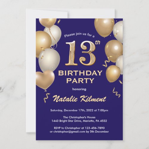 13th Birthday Navy Blue and Gold Glitter Balloons Invitation