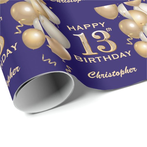 13th Birthday Navy Blue and Gold Glitter Balloons Wrapping Paper
