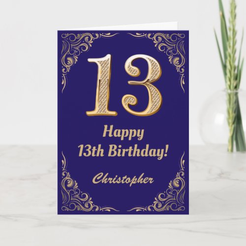 13th Birthday Navy Blue and Gold Glitter Frame Card