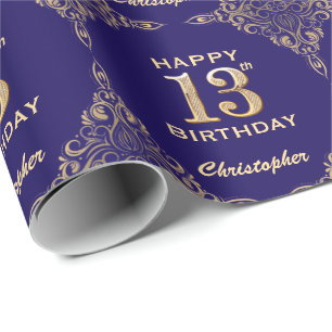 13th Birthday Navy Blue and Gold Glitter Frame Wrapping Paper
