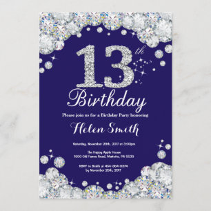 13th Birthday Navy Blue and Silver Diamond Invitation