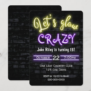 13th Birthday Neon Glow Sign on Brick Wall   Invitation