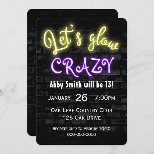 13th Birthday Neon Glow Sign on Brick Wall Invitation