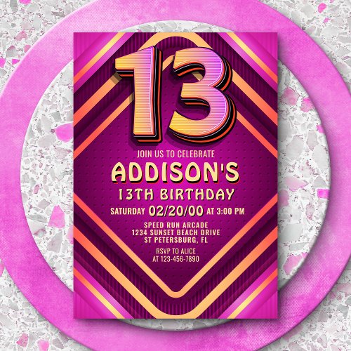 13th Birthday Neon Invitation