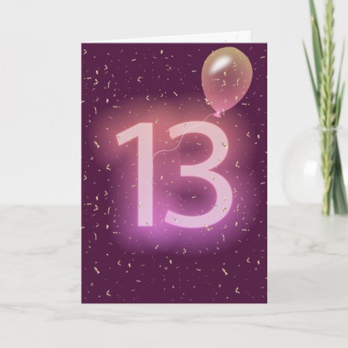 13th Birthday Neon Sign and Balloon Card