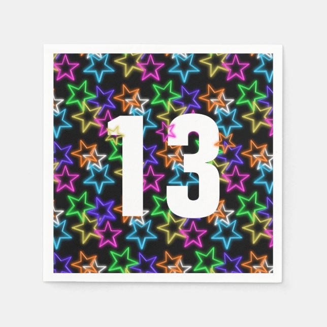 13th Birthday Neon Stars On Black   Napkins (Front)