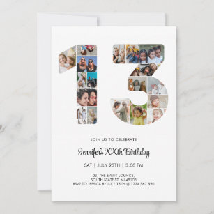 13th Birthday Number 13 Custom Photo Collage Invitation