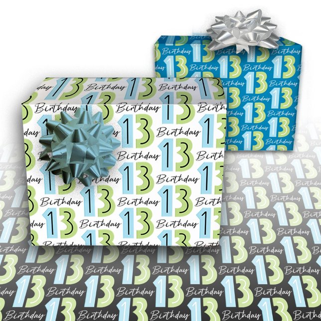 13th Birthday Numbers Green Blue Wrapping Paper Sheets (Creator Uploaded)
