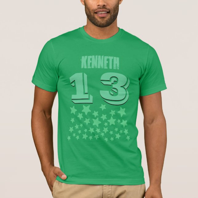 13th Birthday or ANY YEAR Burst of GREEN Stars V9A T-Shirt (Front)