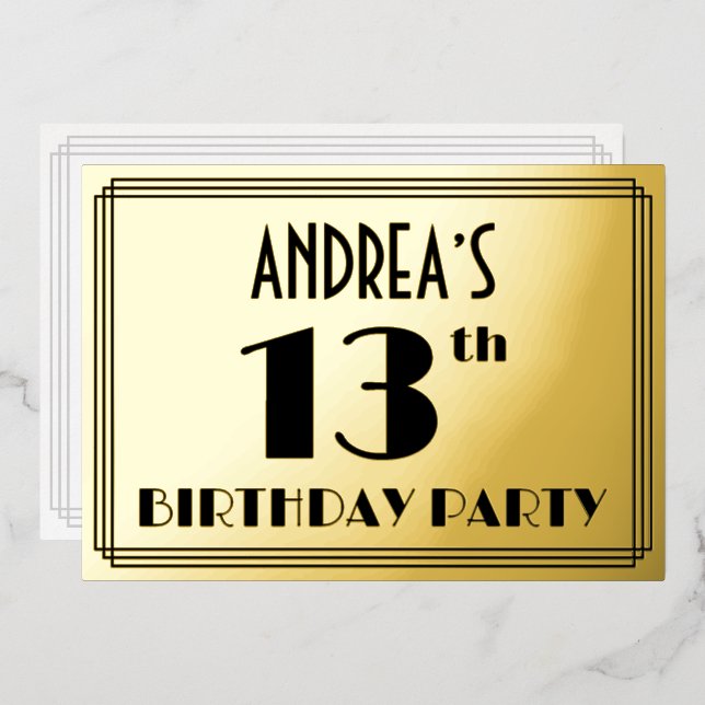 13th Birthday Party — Art Deco Look “13” + Name Foil Invitation (Front/Back)