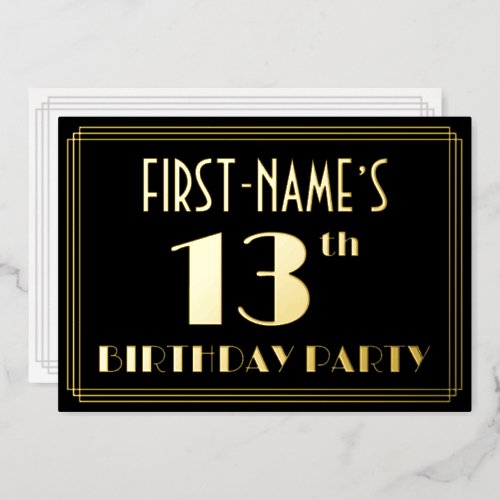 13th Birthday Party Art Deco Look 13 w Name Foil Invitation