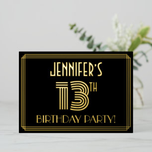 13th Birthday Party — Art Deco Style “13” + Name Foil Invitation